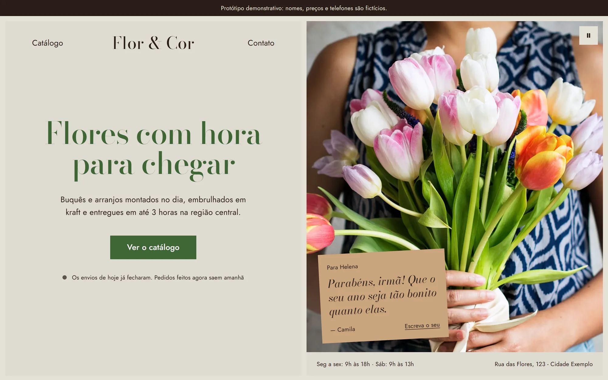 Protótipo da floricultura Flor & Cor em desktop: página inicial com buquê de rosas.