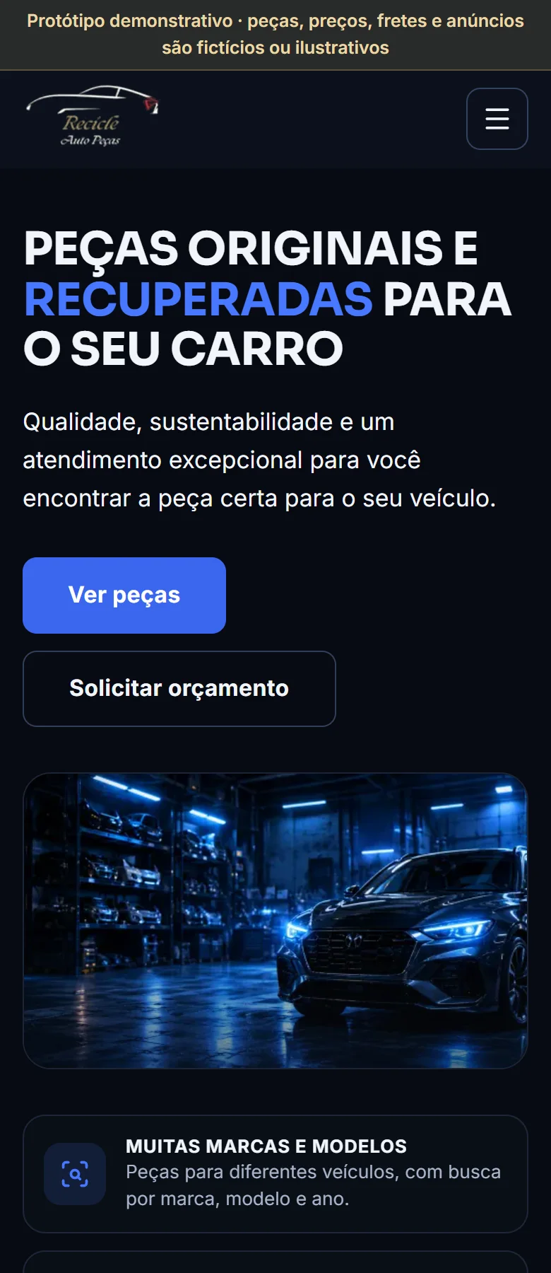 Site de demonstração da Recicle Auto Peças em um celular.